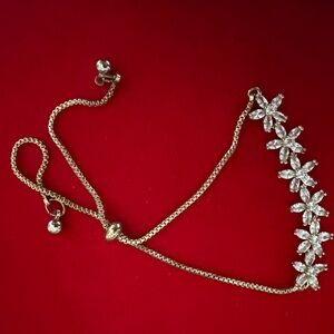 Adjustable Gold Tone Crystal Floral Bracelet